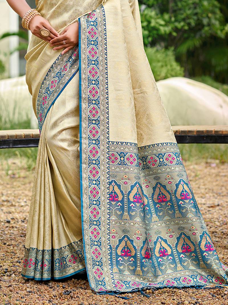 border blue with sari cream silk blend woven work traditional saree