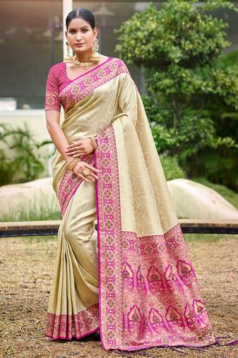 border rani pink with sari cream silk blend woven work traditional saree