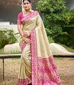 border rani pink with sari cream silk blend woven work traditional saree