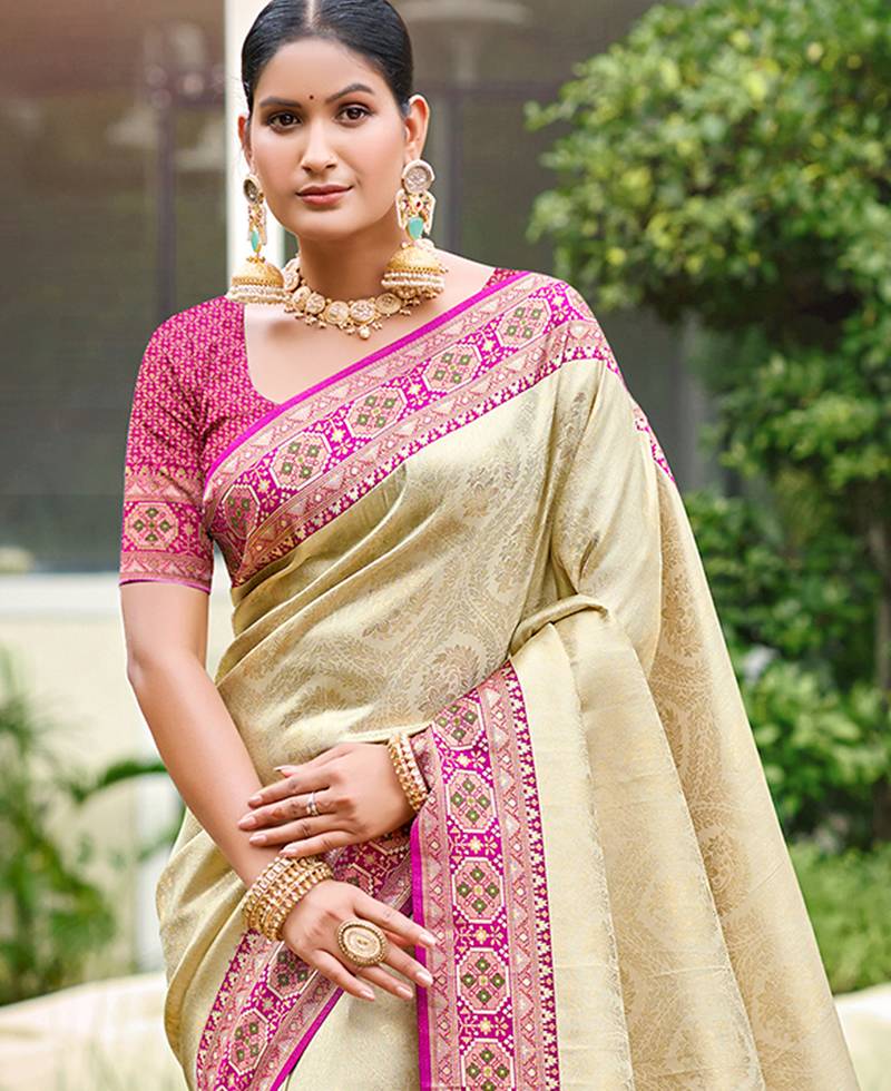 border rani pink with sari cream silk blend woven work traditional saree