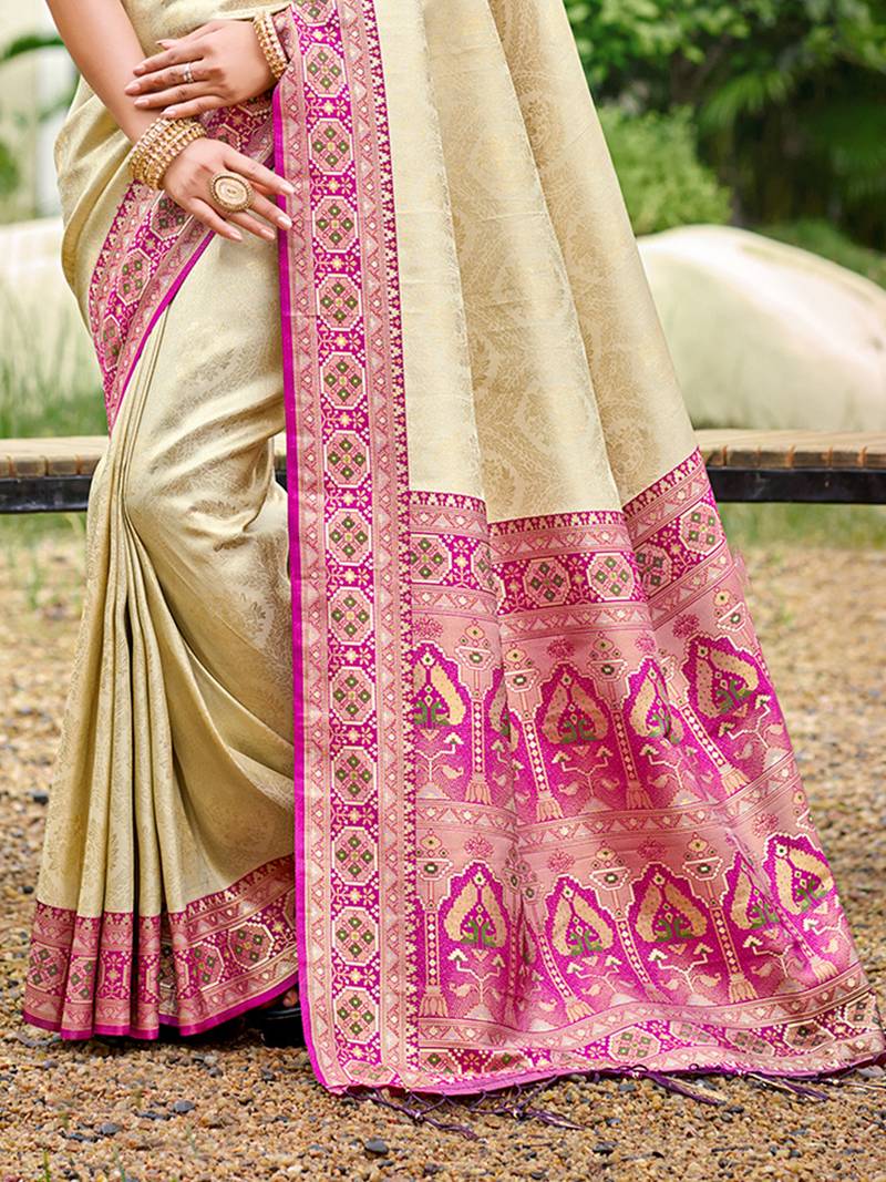 border rani pink with sari cream silk blend woven work traditional saree