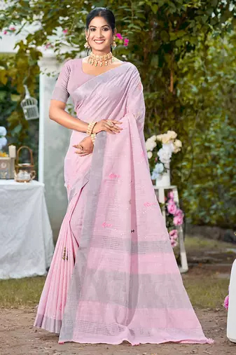 pink linen woven work traditional saree