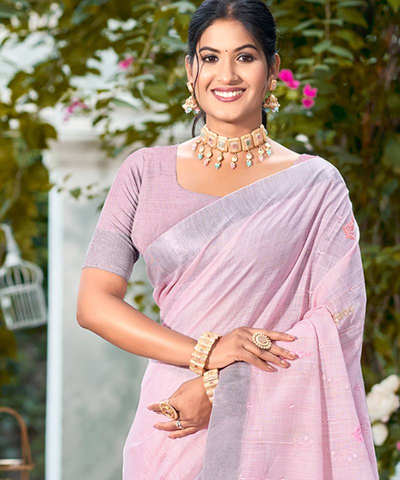 pink linen woven work traditional saree