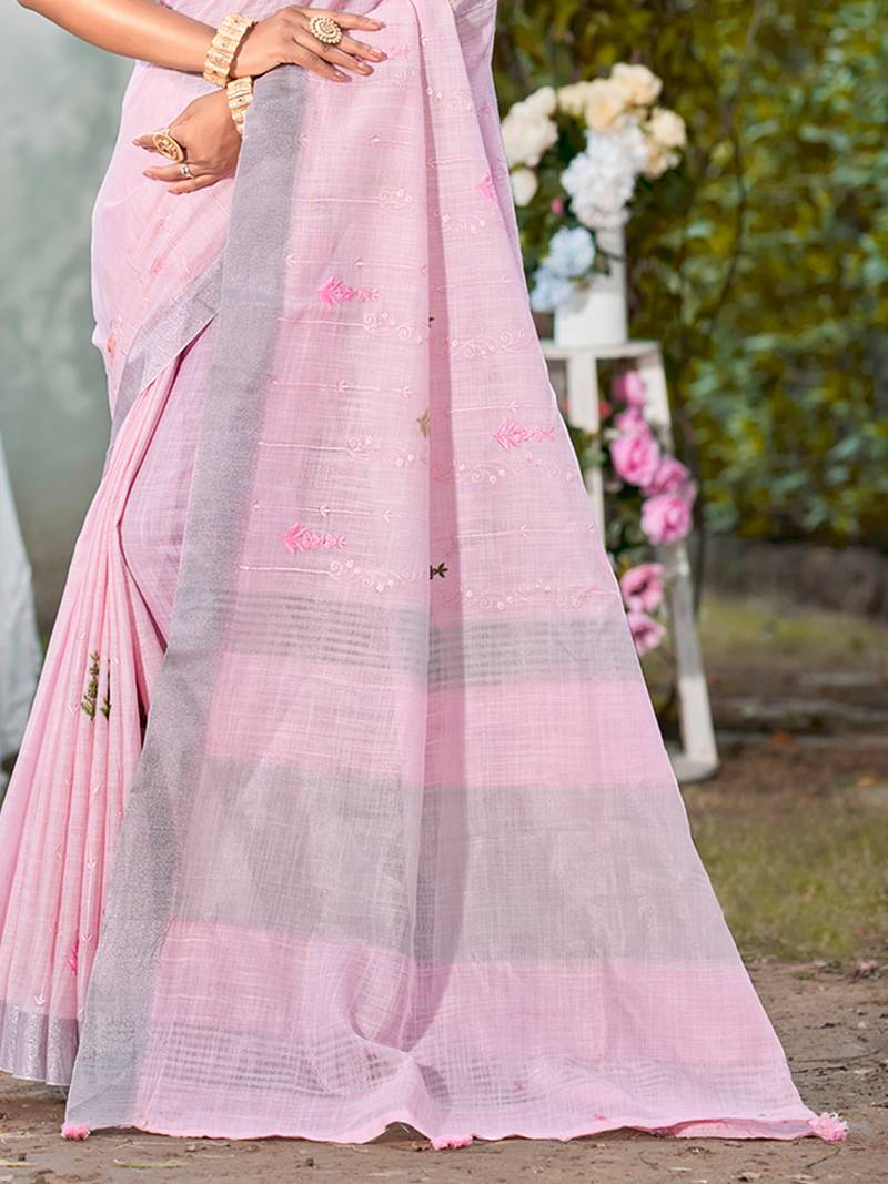 pink linen woven work traditional saree