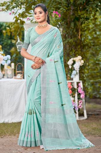 sky blue linen woven work traditional saree