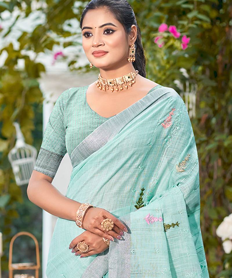sky blue linen woven work traditional saree