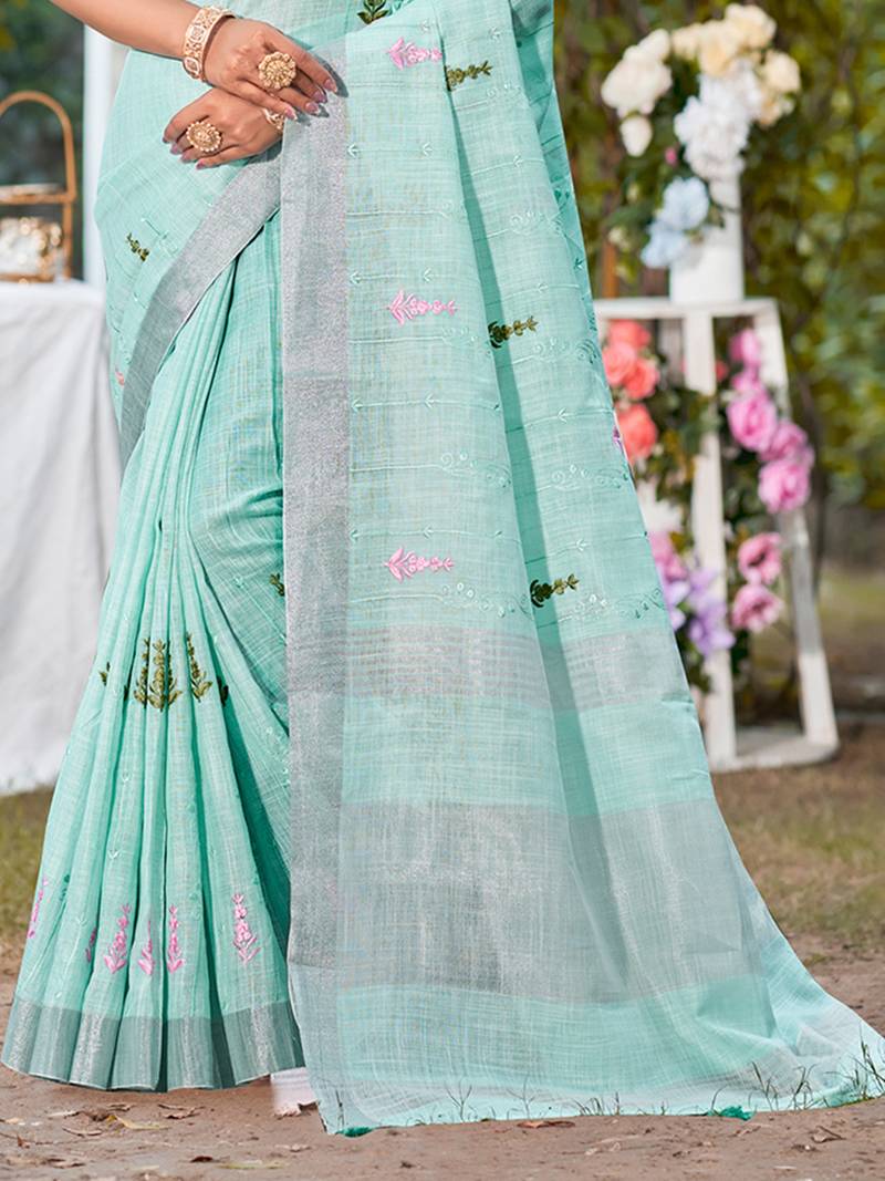 sky blue linen woven work traditional saree