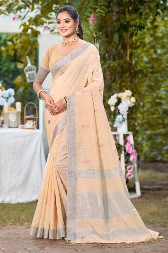 light peach linen woven work traditional saree