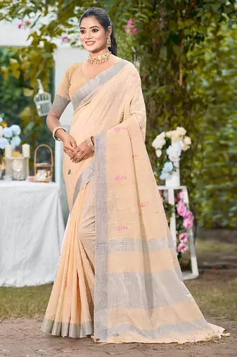 light peach linen woven work traditional saree