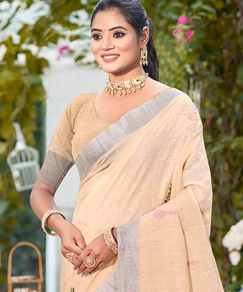 light peach linen woven work traditional saree
