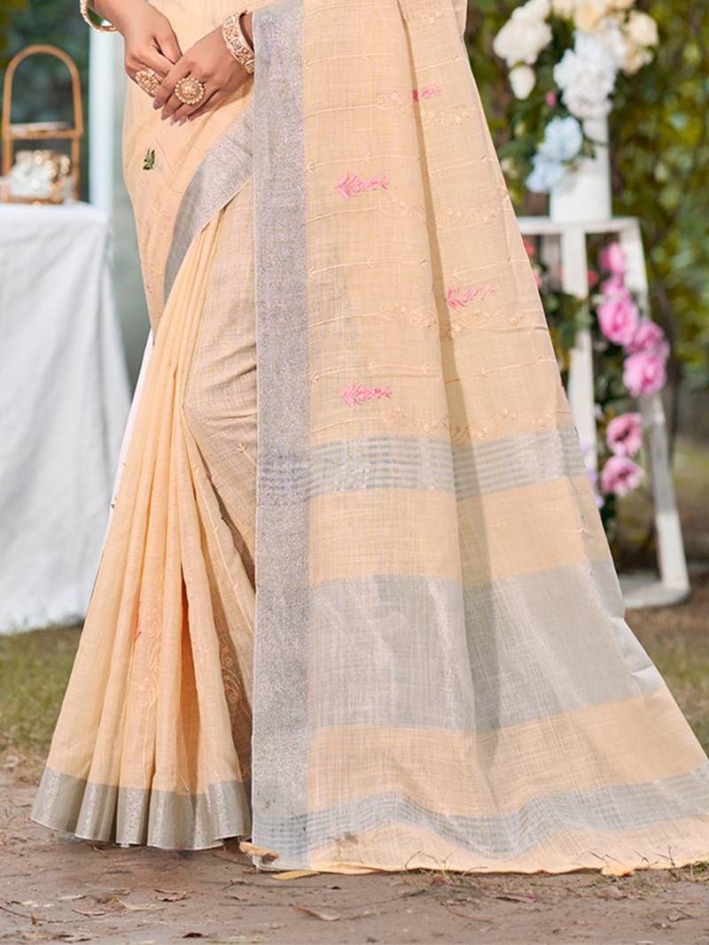 light peach linen woven work traditional saree