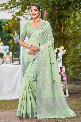 light green linen woven work traditional saree