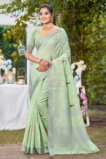 light green linen woven work traditional saree