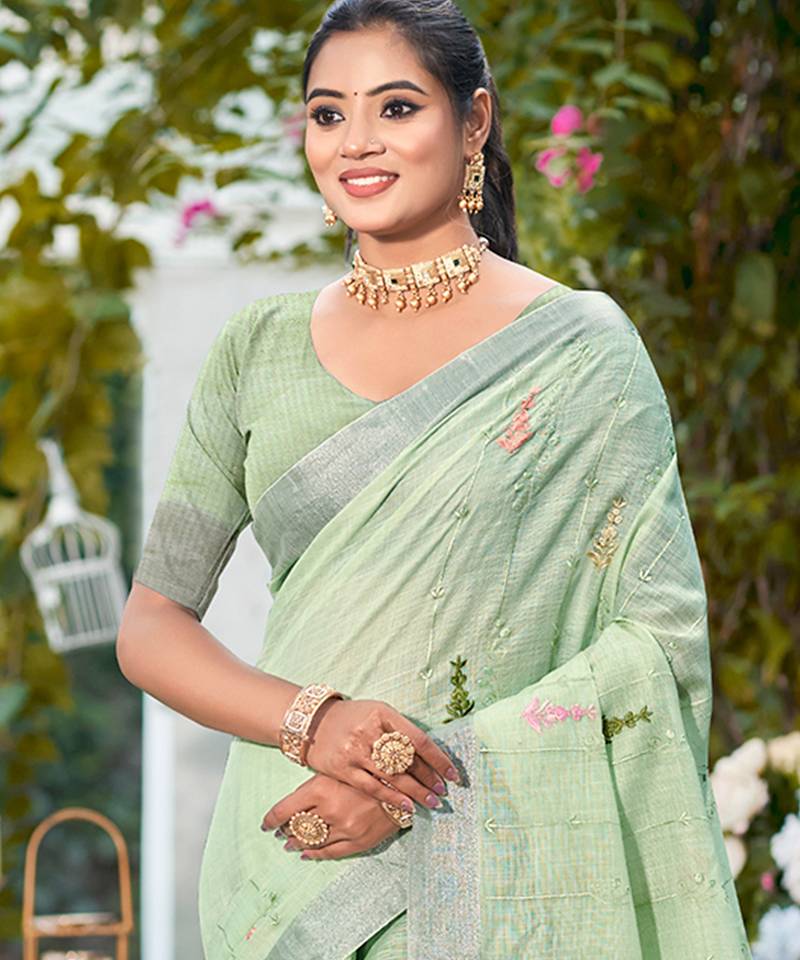 light green linen woven work traditional saree