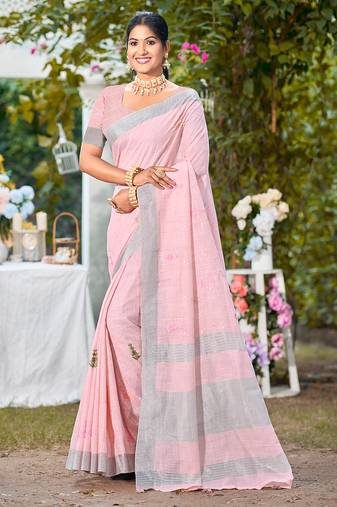 light pink linen woven work traditional saree
