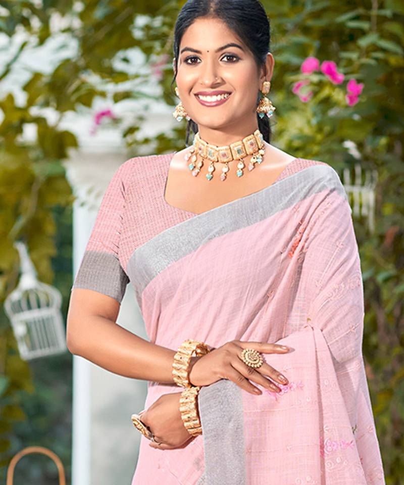 light pink linen woven work traditional saree