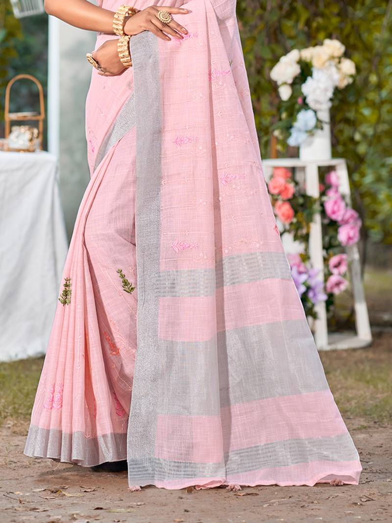 light pink linen woven work traditional saree