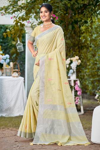 yellow linen woven work traditional saree