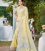 yellow linen woven work traditional saree