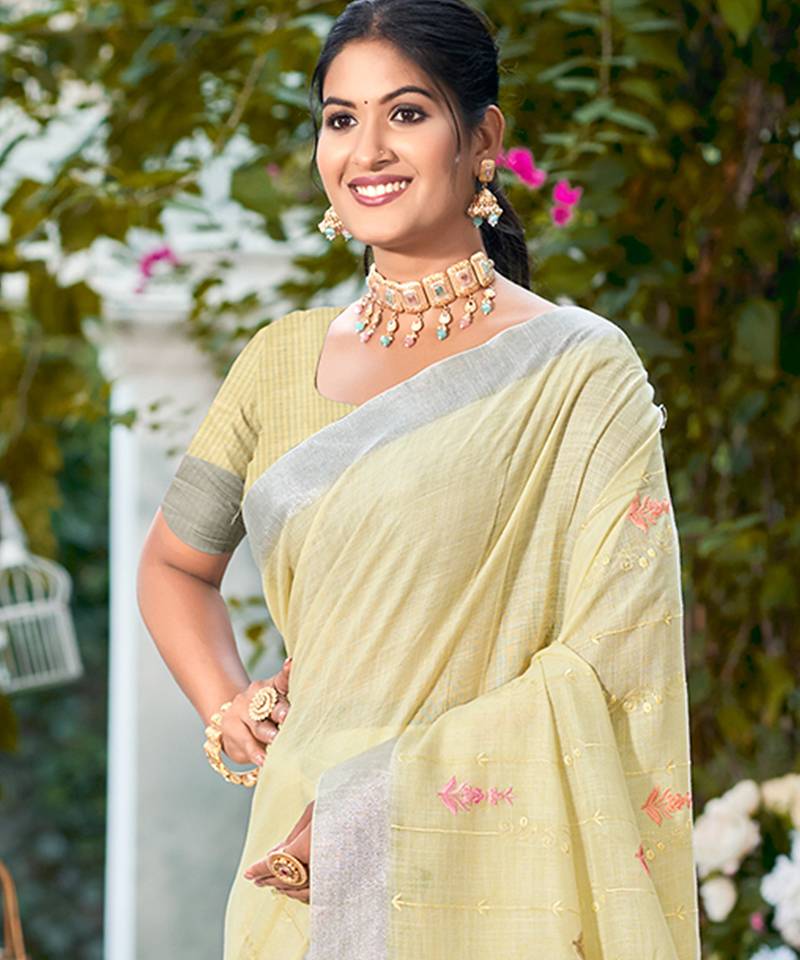 yellow linen woven work traditional saree