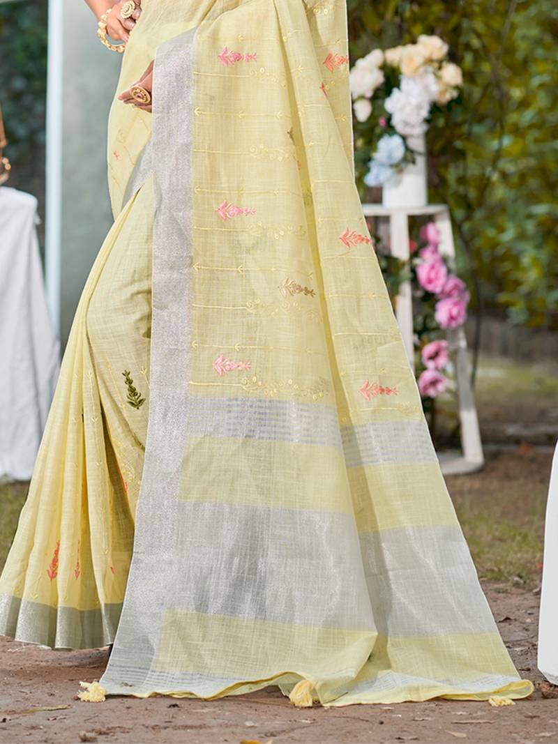 yellow linen woven work traditional saree