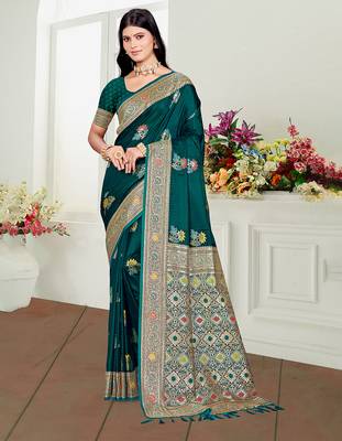 teal green satin silk blend woven work traditional saree 1