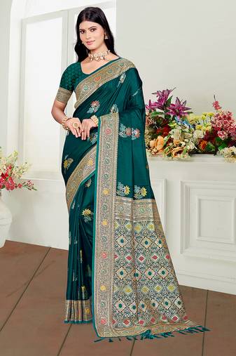 teal green satin silk blend woven work traditional saree