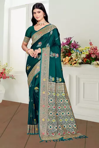teal green satin silk blend woven work traditional saree
