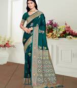 teal green satin silk blend woven work traditional saree