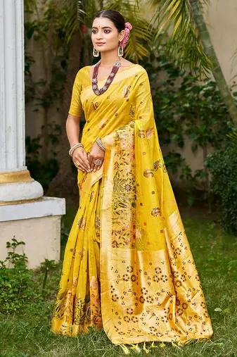 yellow cottan silk blend with meena woven work traditional saree