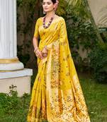 yellow cottan silk blend with meena woven work traditional saree