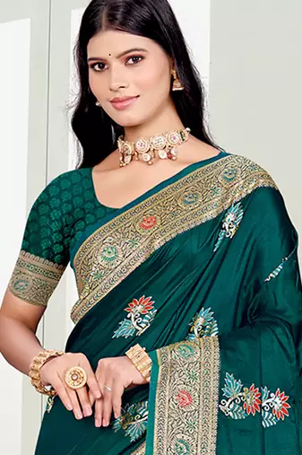 teal green satin silk blend woven work traditional saree