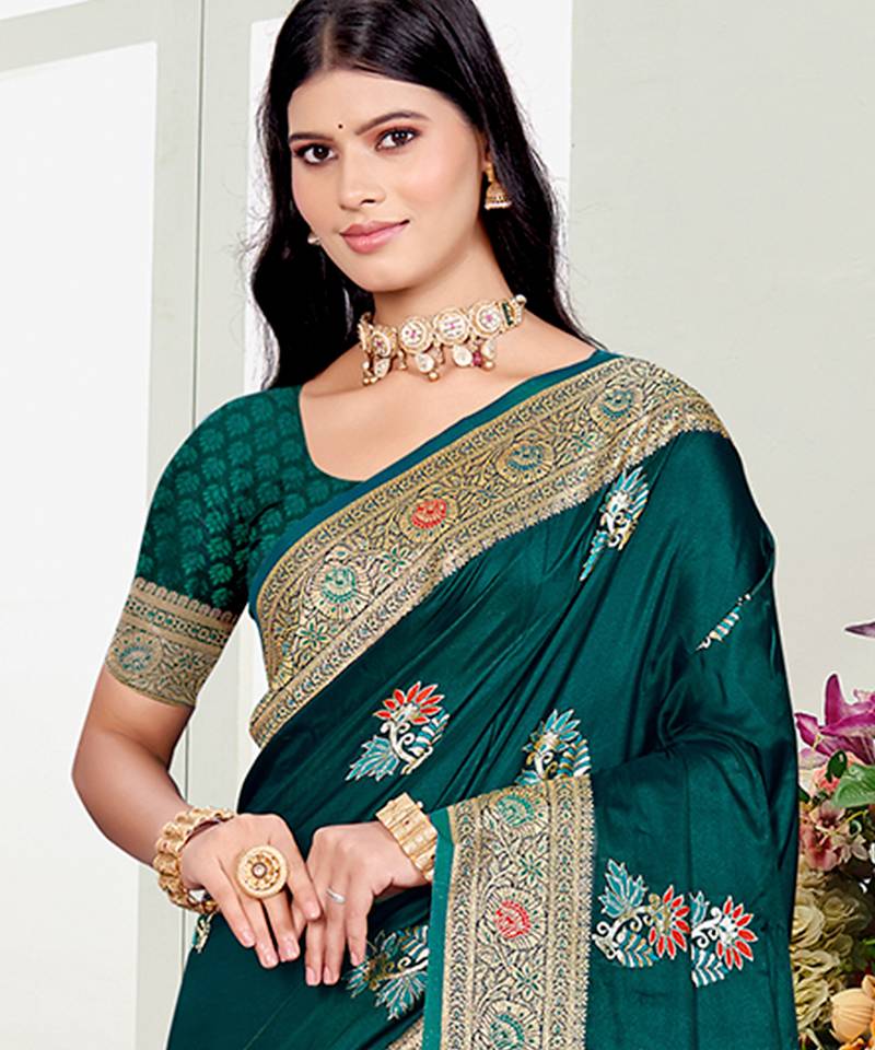 teal green satin silk blend woven work traditional saree