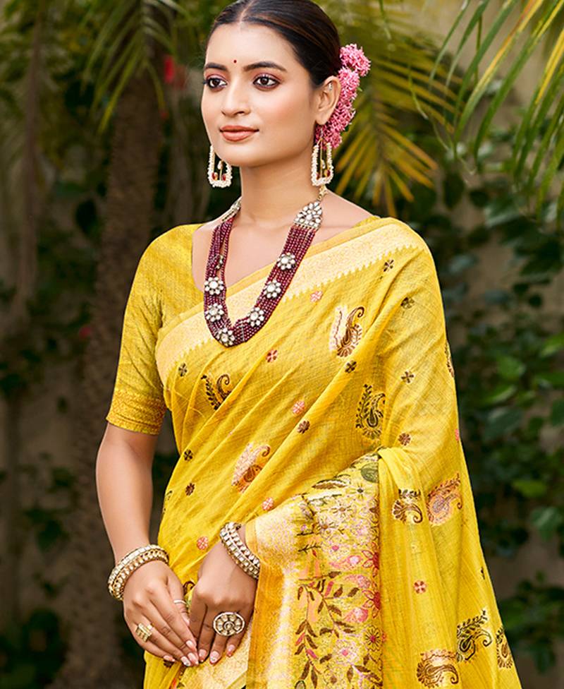 yellow cottan silk blend with meena woven work traditional saree