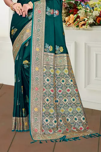 teal green satin silk blend woven work traditional saree