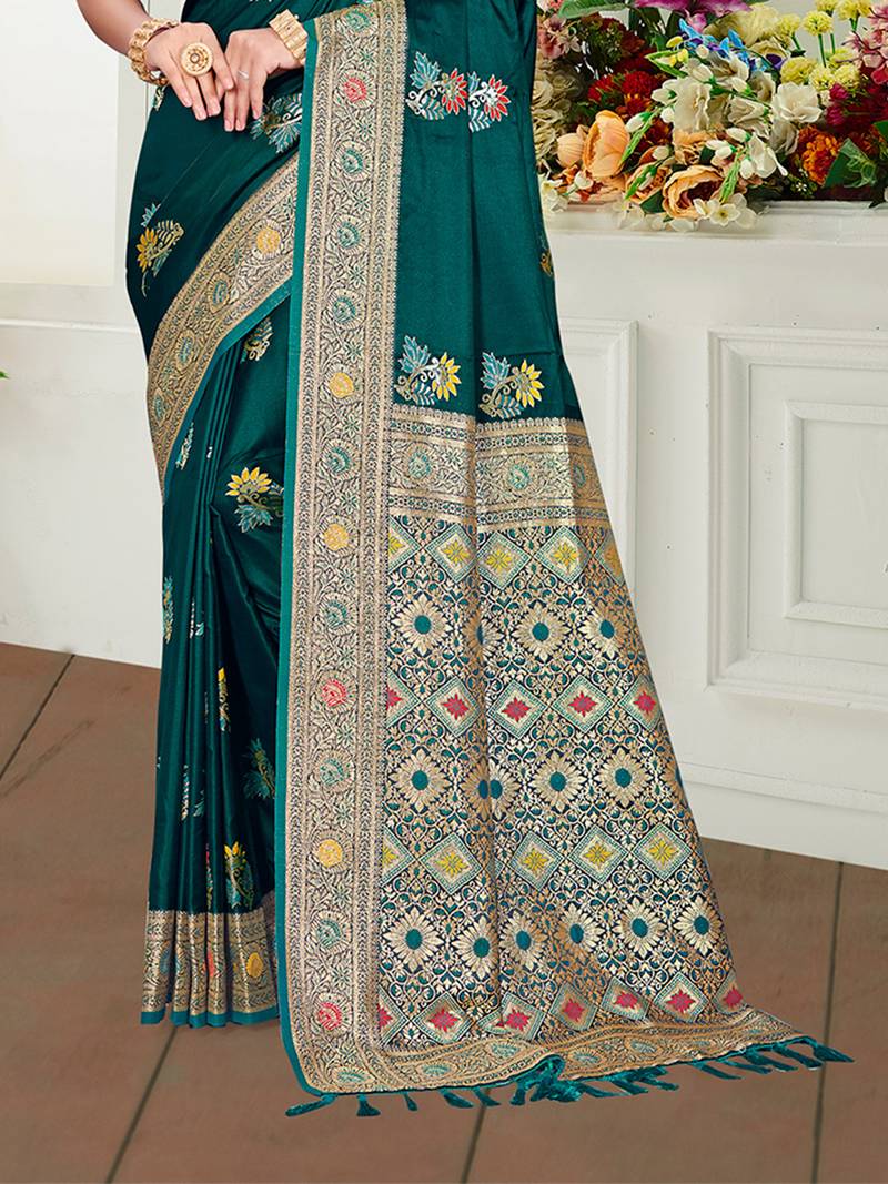 teal green satin silk blend woven work traditional saree