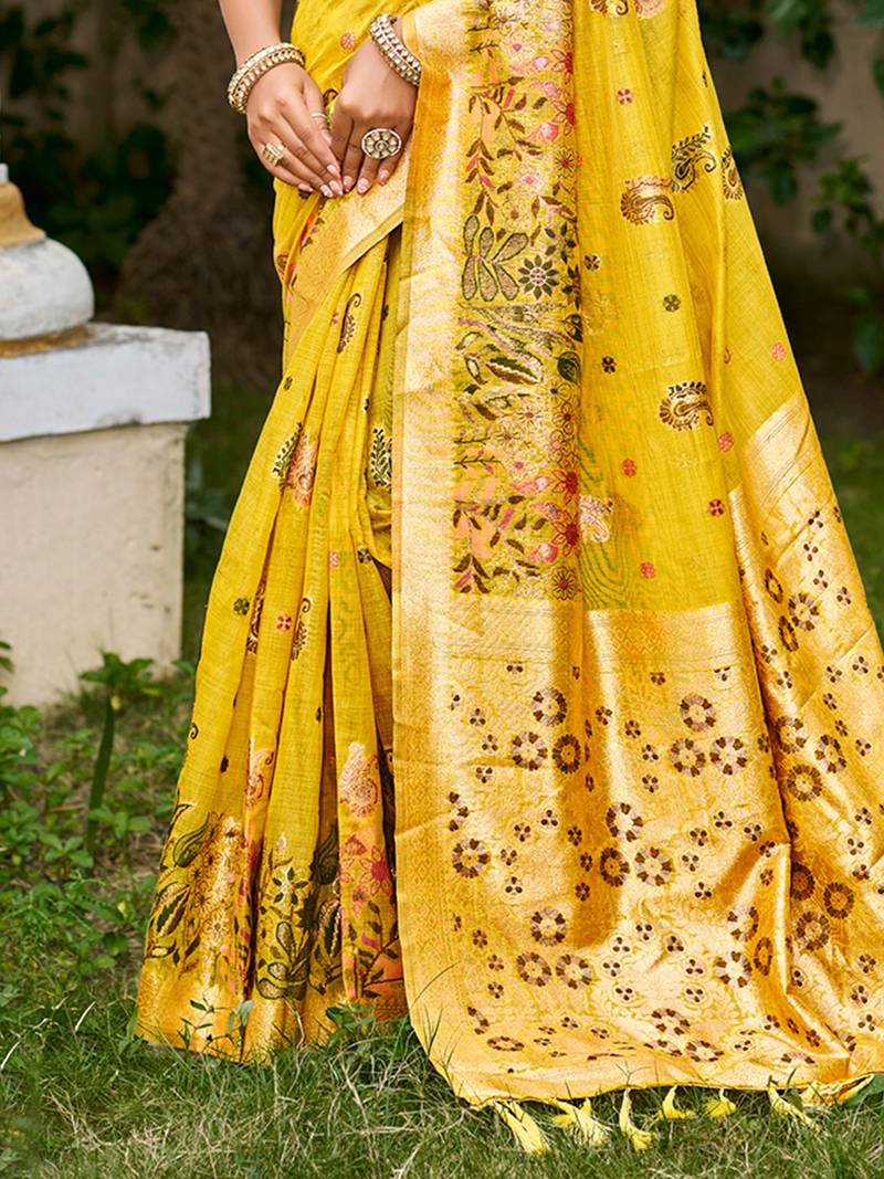 yellow cottan silk blend with meena woven work traditional saree