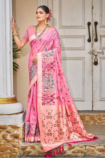 pink cottan silk blend with meena woven work traditional saree