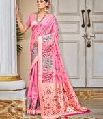 pink cottan silk blend with meena woven work traditional saree