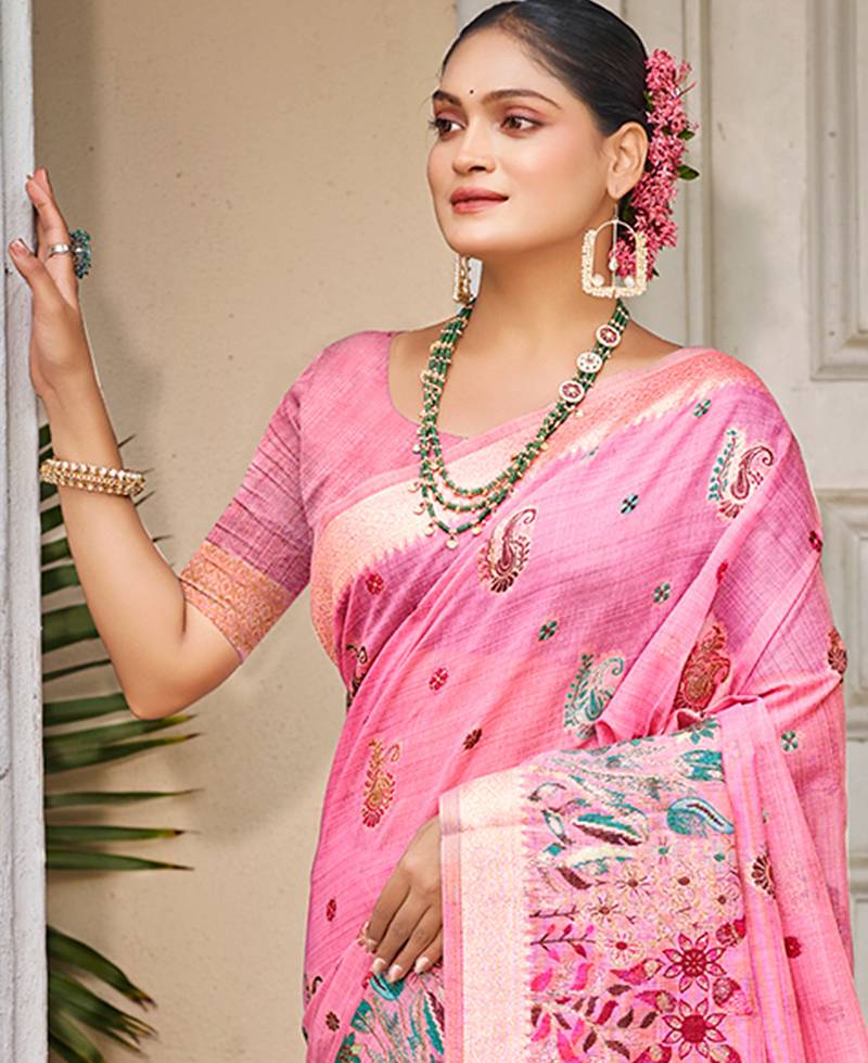 pink cottan silk blend with meena woven work traditional saree