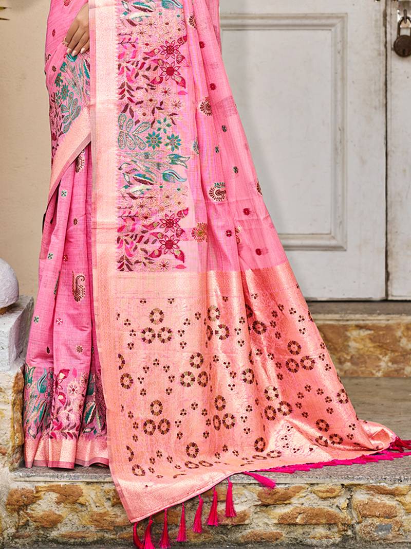 pink cottan silk blend with meena woven work traditional saree