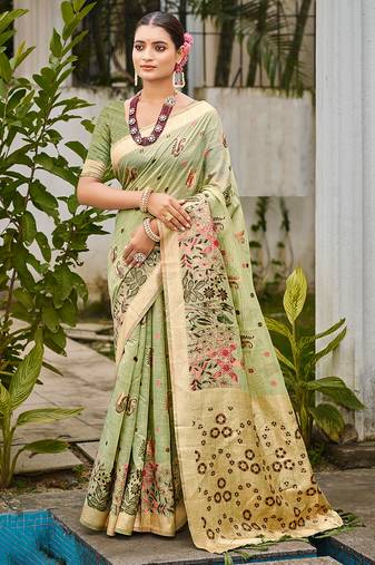 green cottan silk blend with meena woven work traditional saree