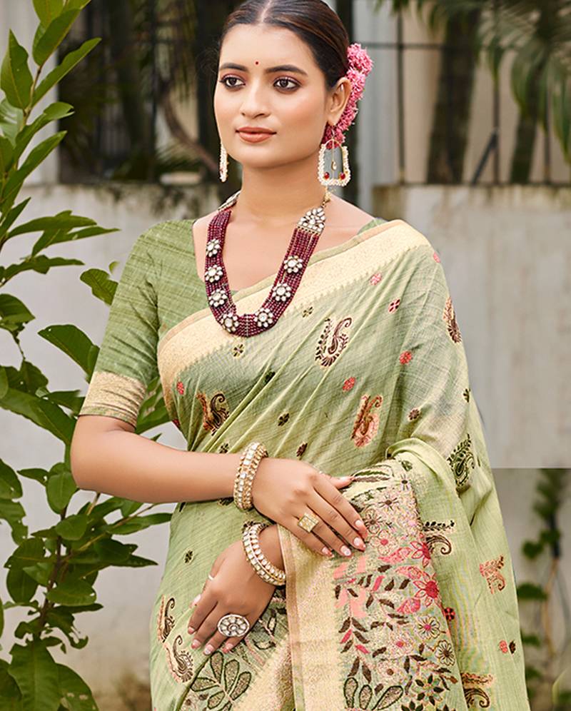 green cottan silk blend with meena woven work traditional saree