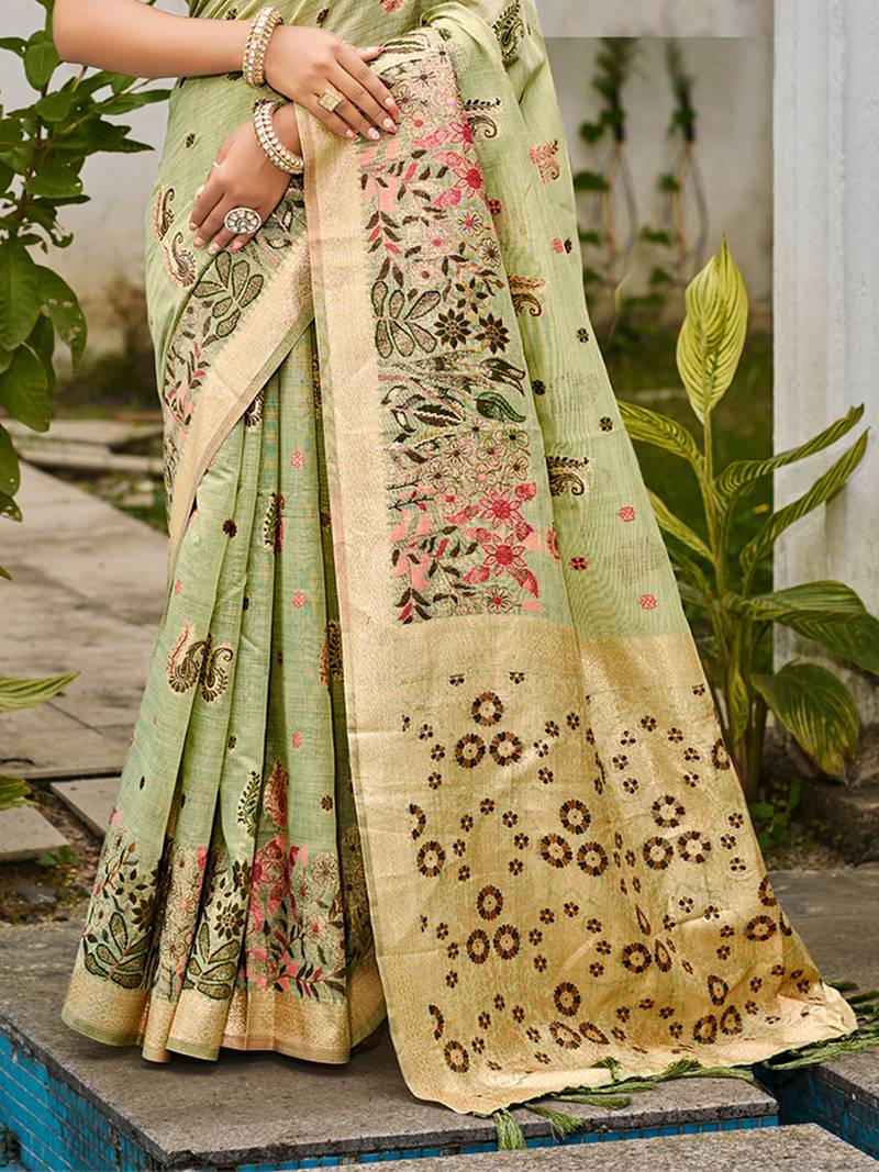 green cottan silk blend with meena woven work traditional saree