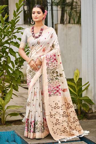 off-white cottan silk blend with meena woven work traditional saree