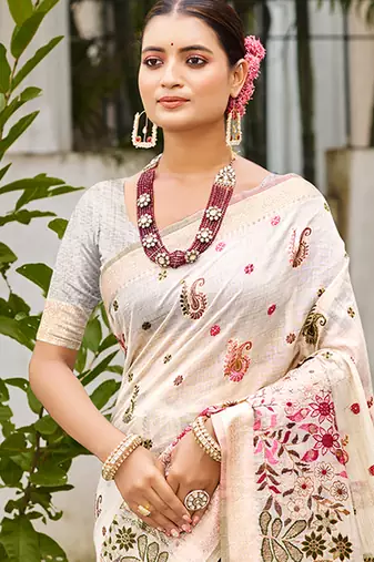 off-white cottan silk blend with meena woven work traditional saree