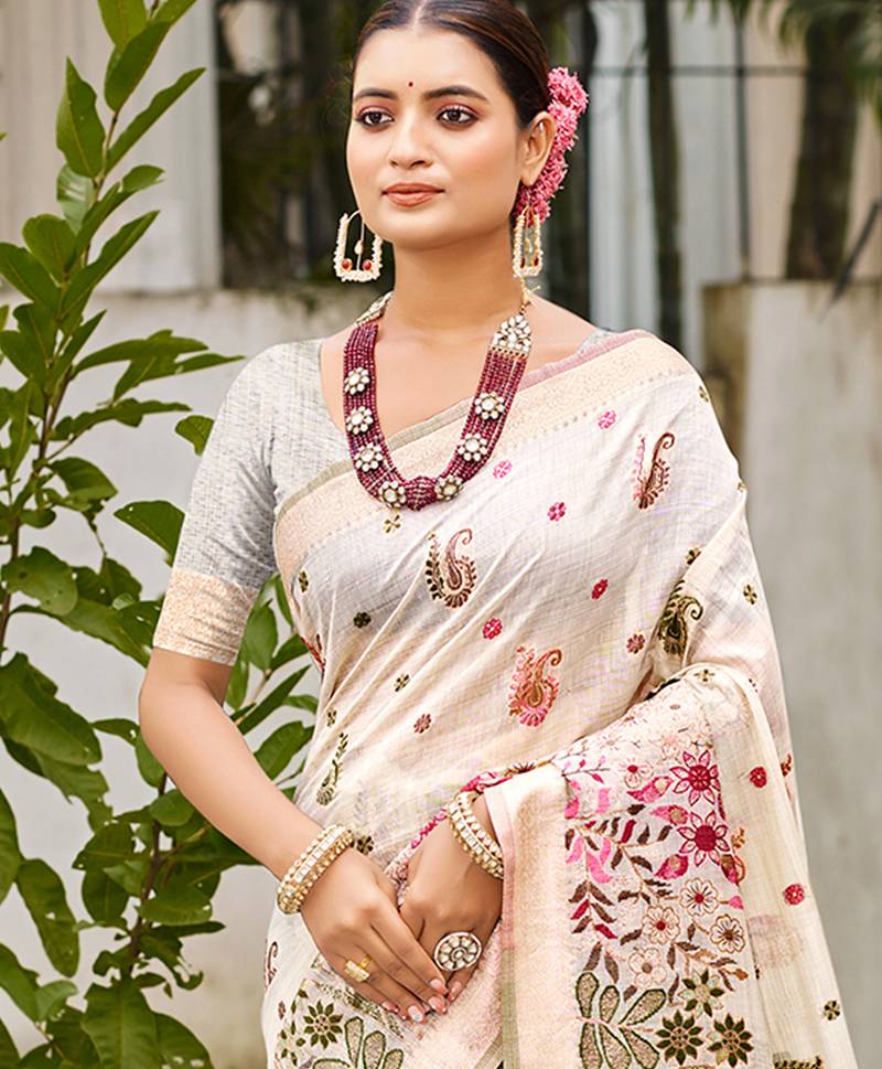 off-white cottan silk blend with meena woven work traditional saree
