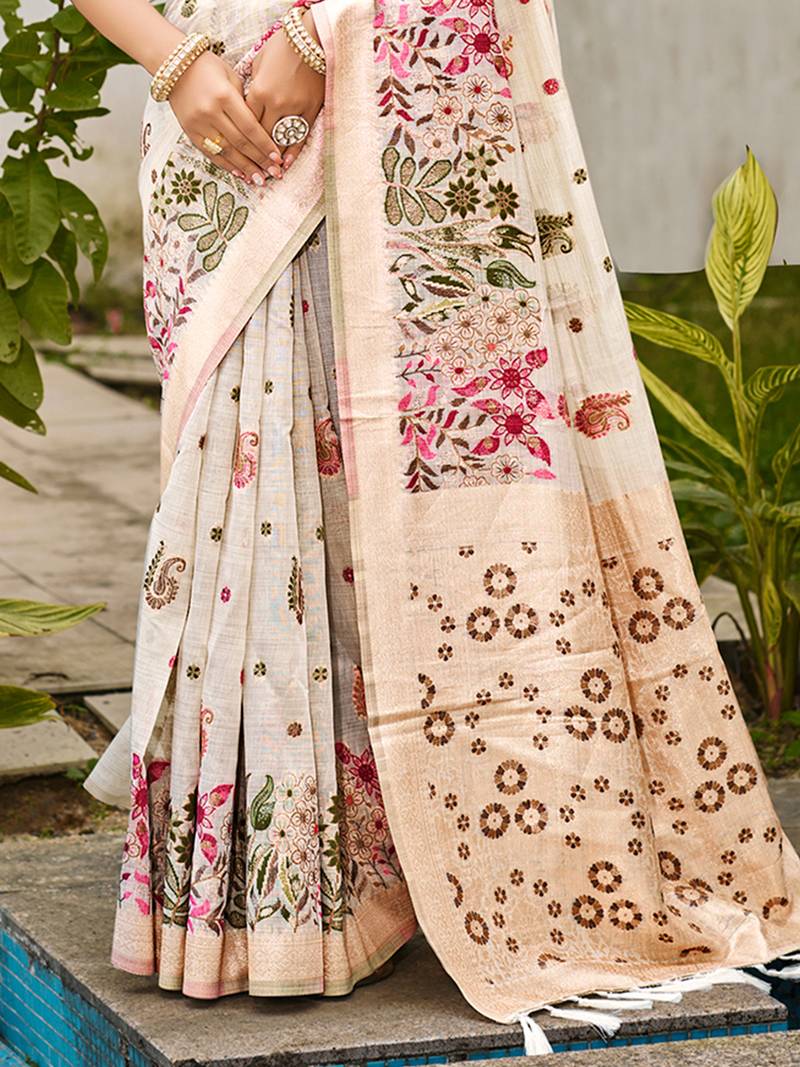 off-white cottan silk blend with meena woven work traditional saree