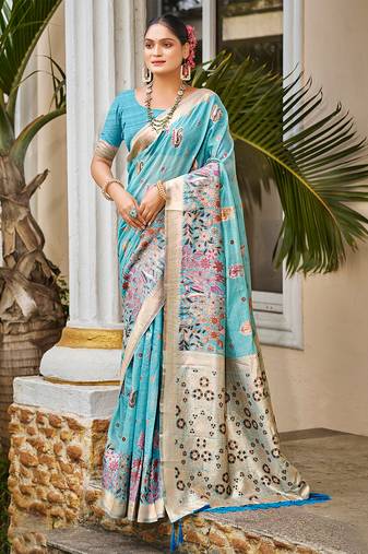 blue cottan silk blend with meena woven work traditional saree