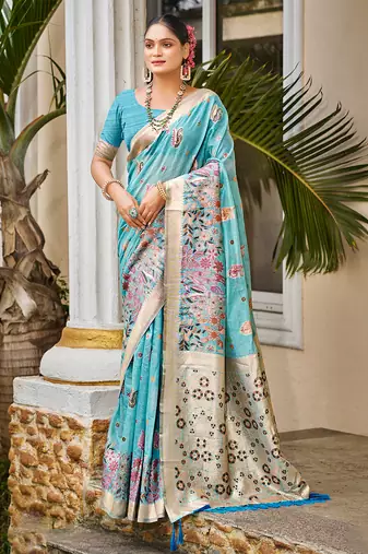 blue cottan silk blend with meena woven work traditional saree